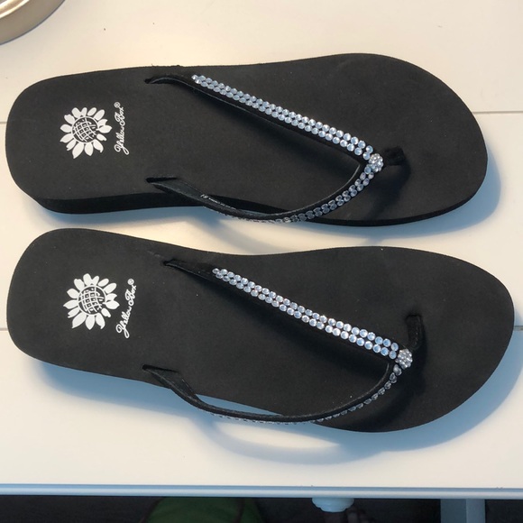 black wedge flip flops with rhinestones